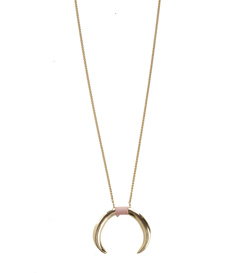 Necklace with Double Horn Pendant in Pink Inlay Leather