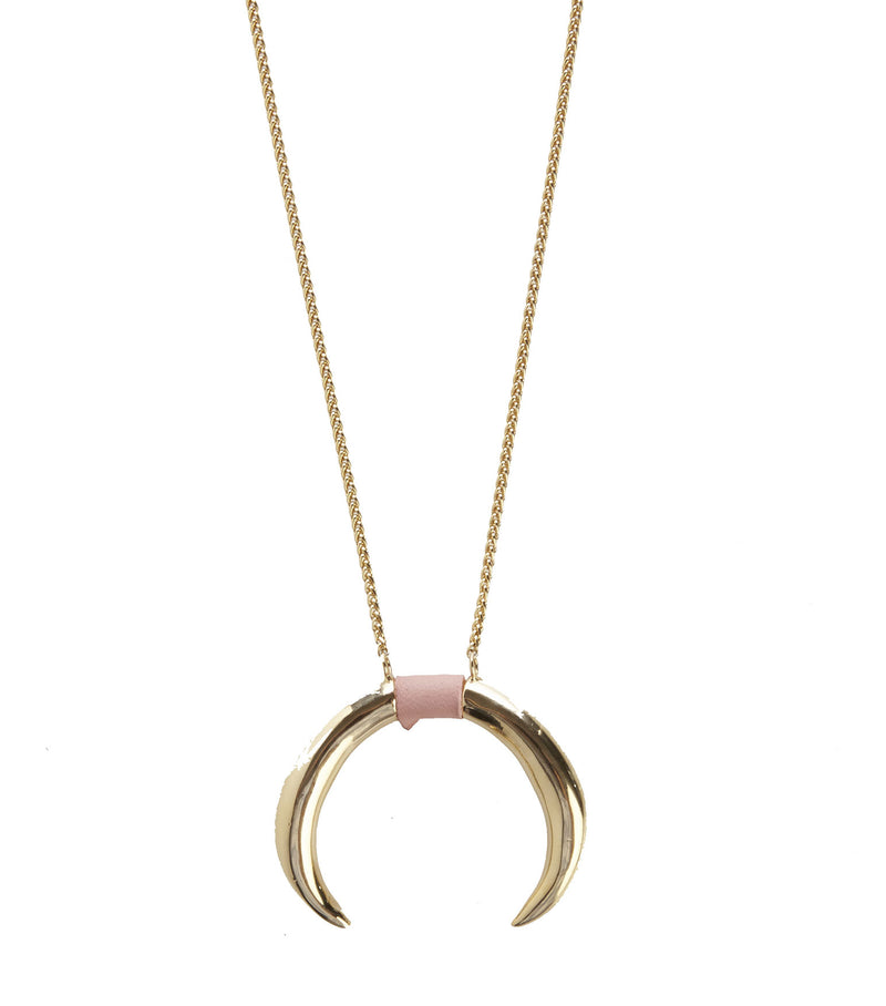 Necklace with Double Horn Pendant in Pink Inlay Leather